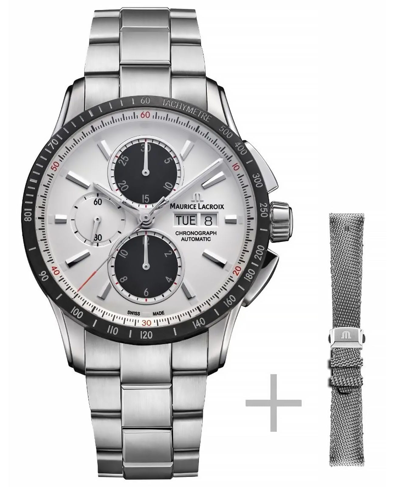 Maurice Lacroix Maurice Lacroix Pontos Chronograph 43mm PT6038-SSL2H-130-A  PT6038-SSL2H-130-A механические мужские часы белый циферблат, браслет нержавеющая сталь — вид спереди